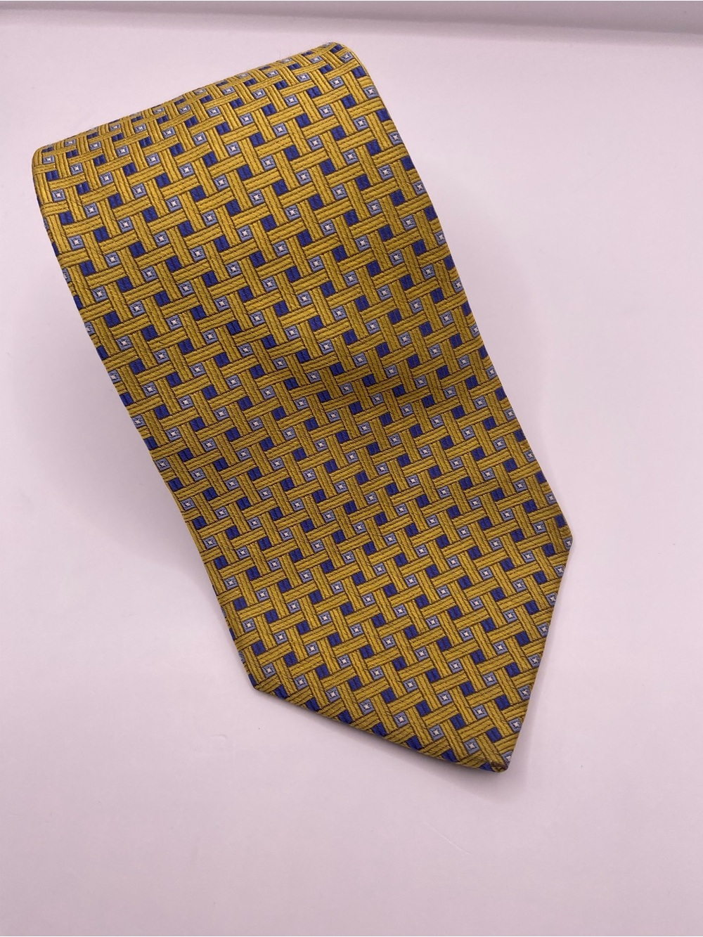 Brooks Brothers Yellow Silk Tie with Blue Geometric Squares